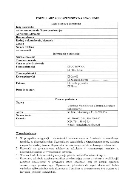 FORMULARZ ZGŁOSZENIOWY NA SZKOLENIE
