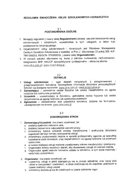 REGULAMIN ŚWIADCZENIA USŁUG SZKOLENIOWYCH